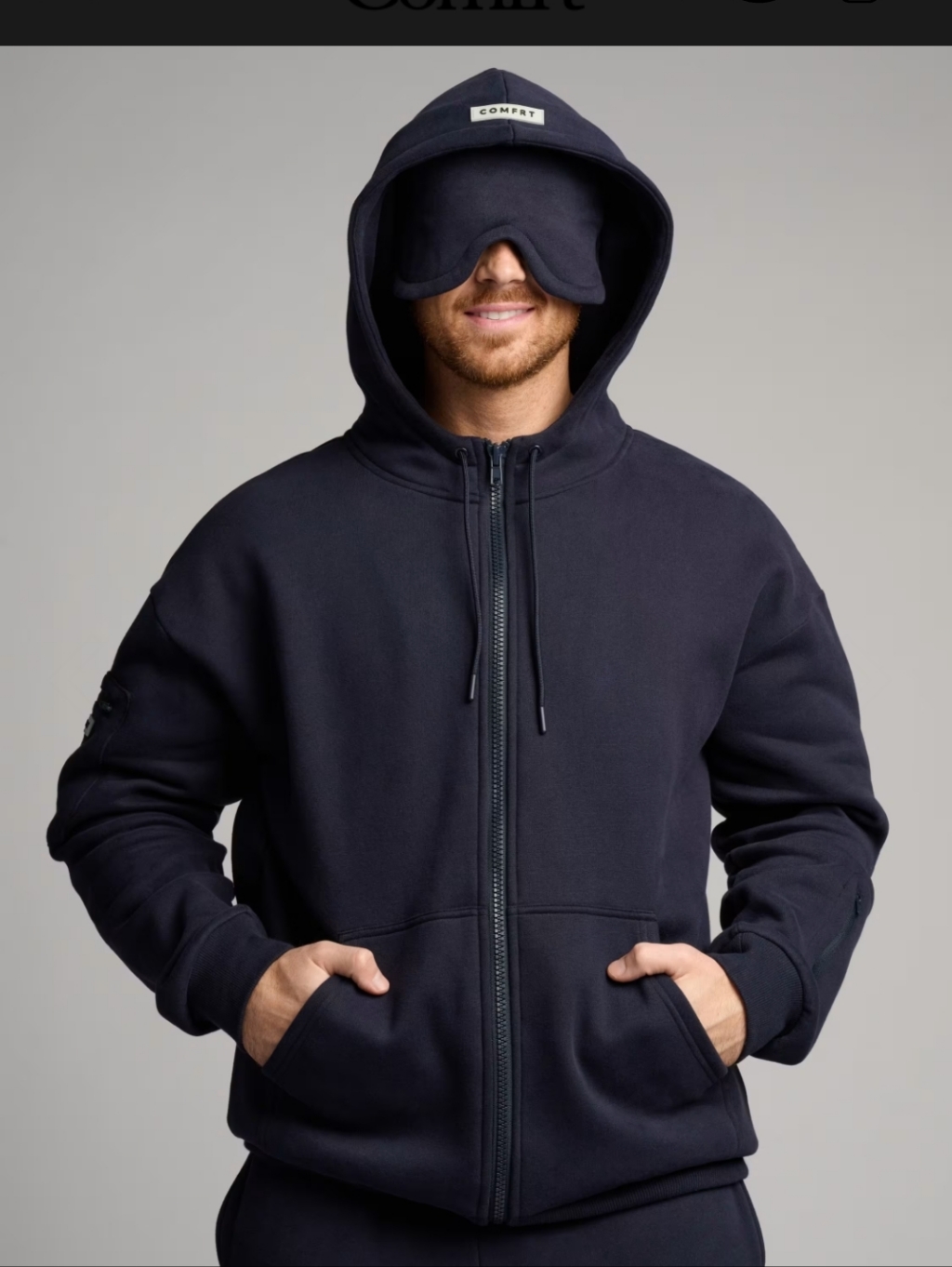 New Comfrt-Travel Zip Hoodie Navy Hoodie With Hood Eye Mask